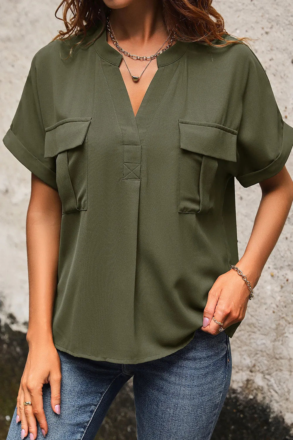 Perfee Pocketed Notched Short Sleeve Blouse