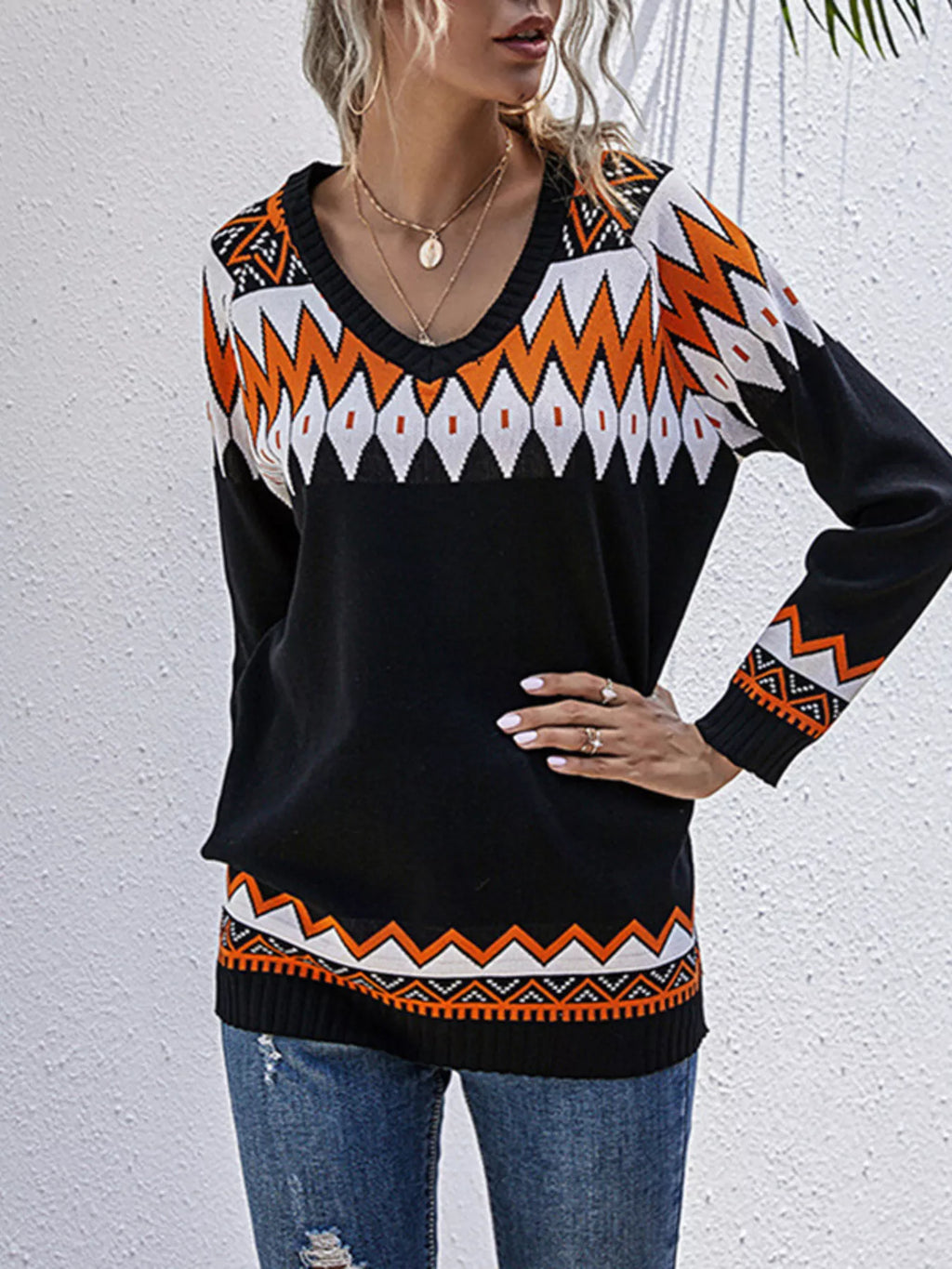 Geometric Pattern V-Neck Sweater
