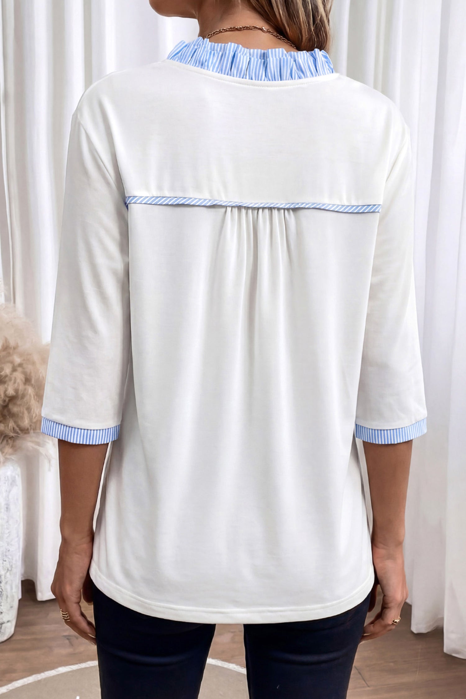 Stripe Patchwork Frilled V-Neck 3/4 Sleeve Blouse