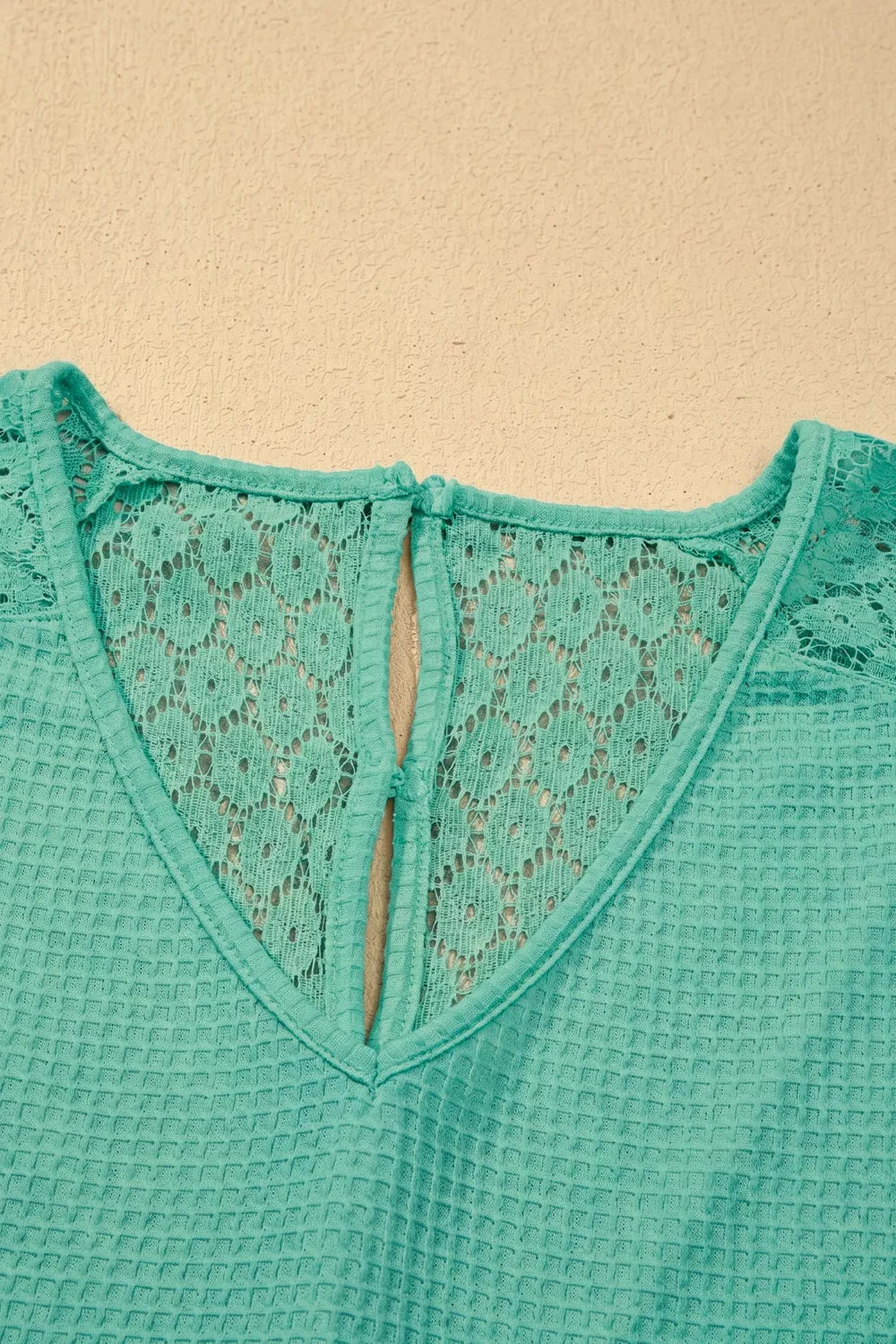 Lace Splicing Button Cutout V Neck Waffle Knit Blouse