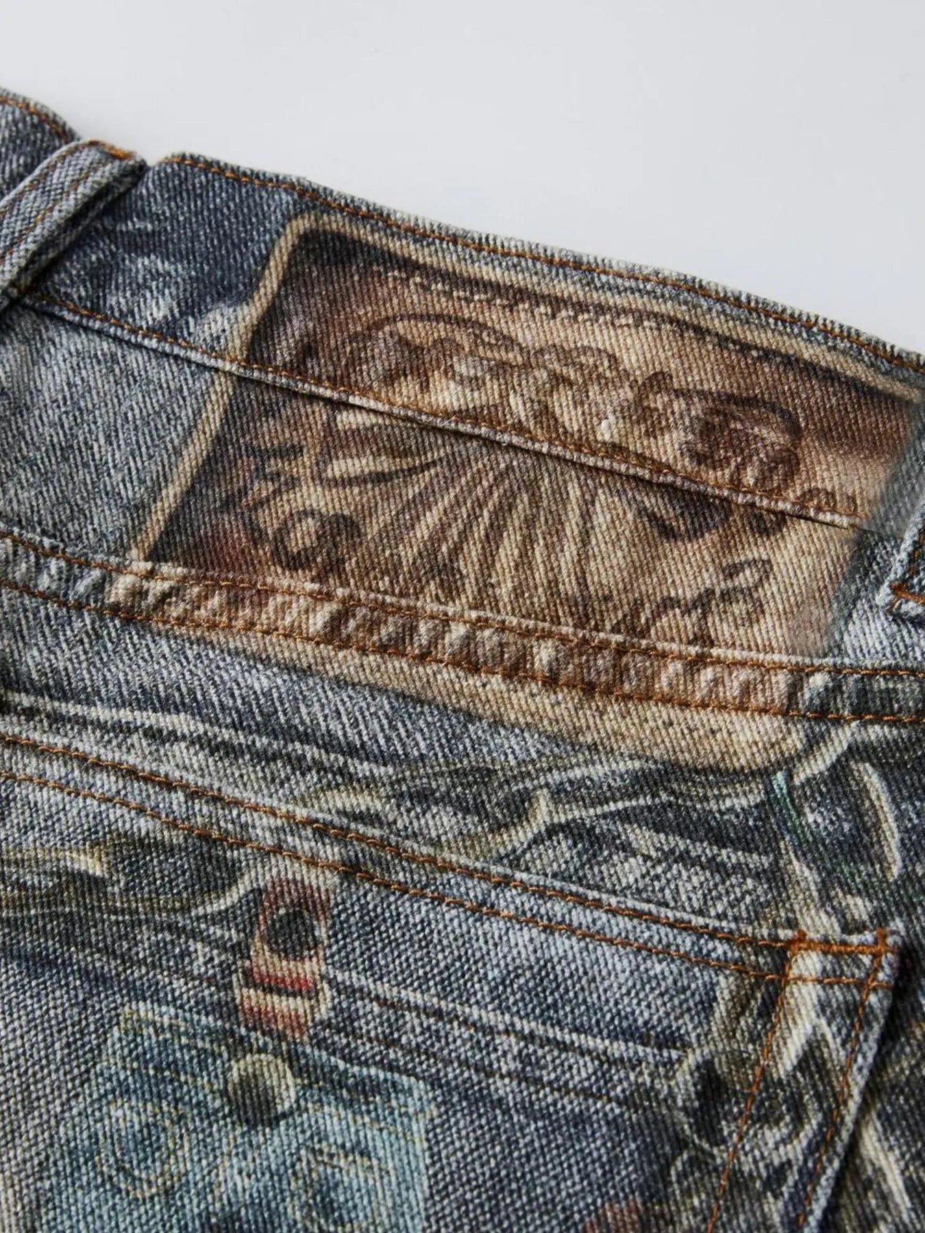 Men's Distressed Printed Wide Leg Jeans