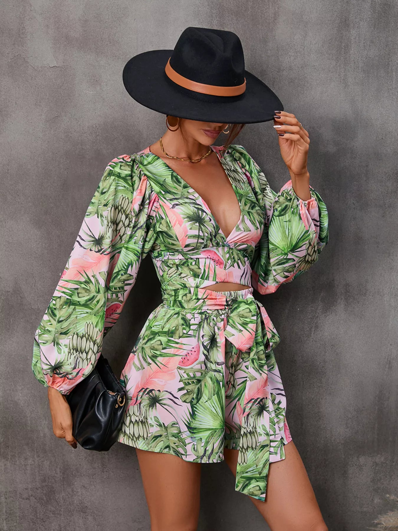 Cutout Front Printed Long Sleeve Romper