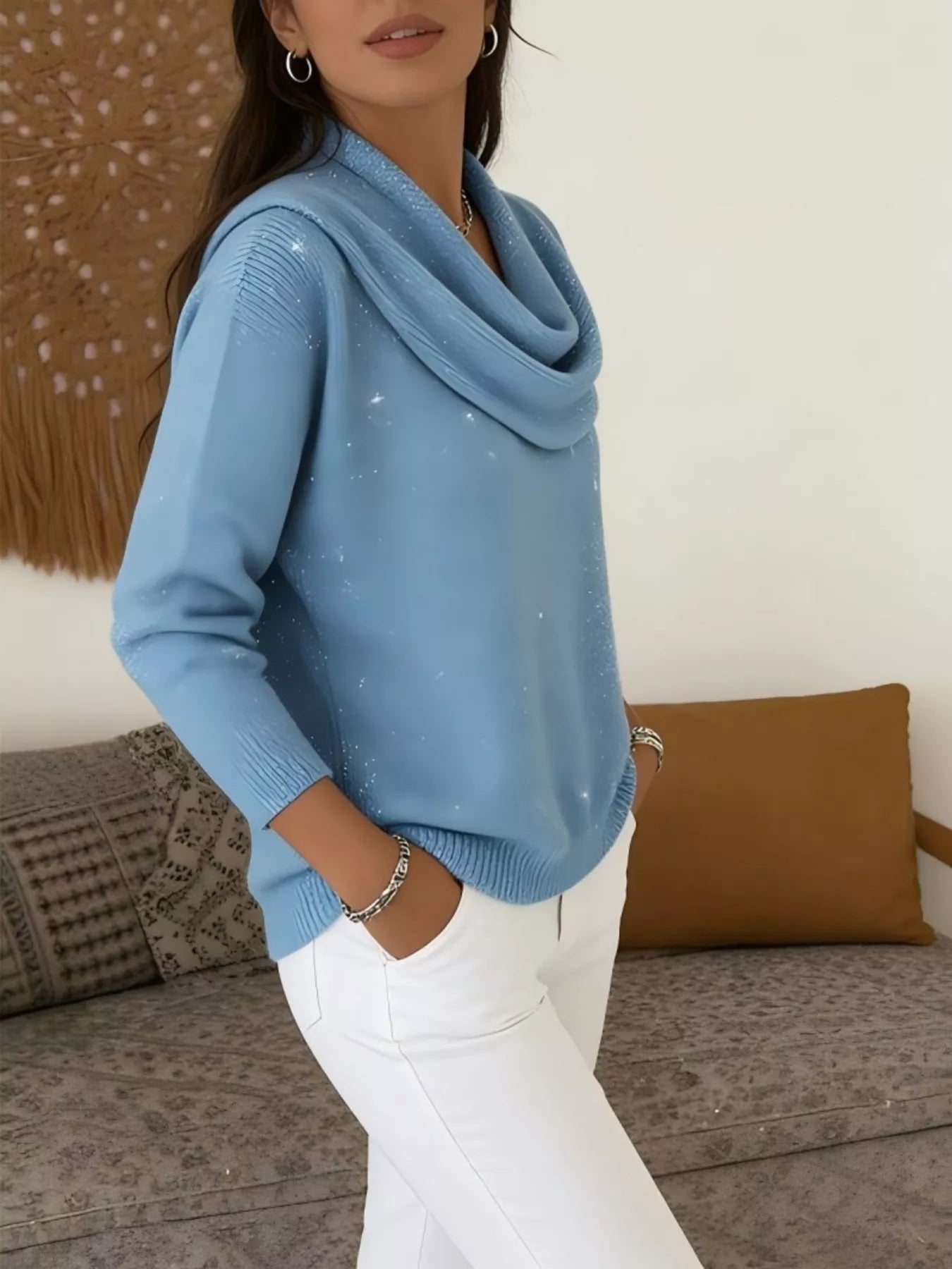Full Size Glitter Cowl Neck Long Sleeve Sweater Plus Size