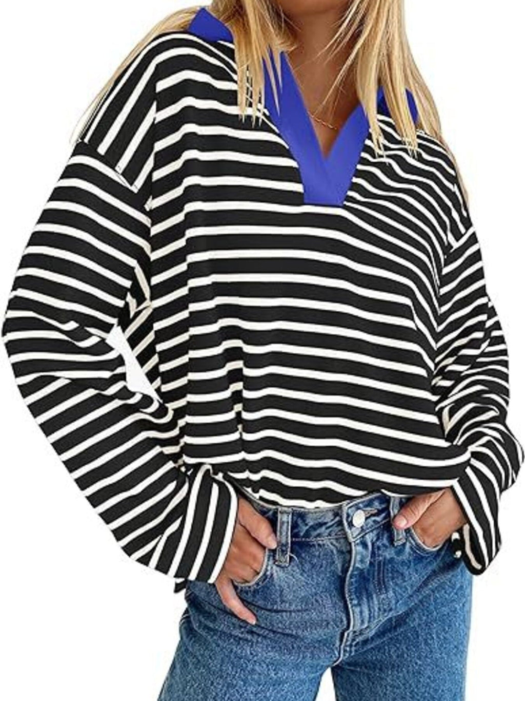 Striped Contrast Collar Long Sleeve Top