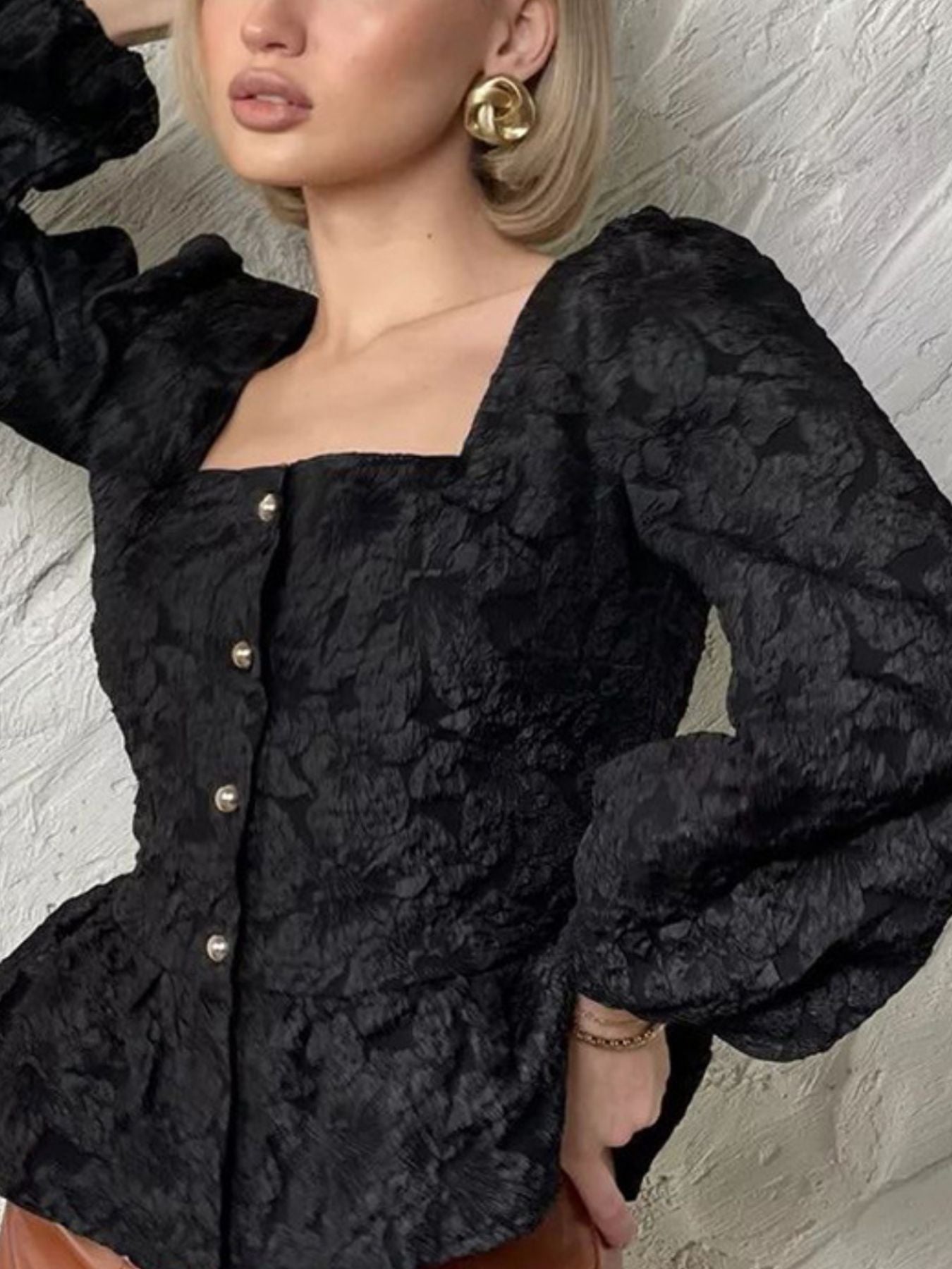 Textured Square Neck Balloon Sleeve Shirt