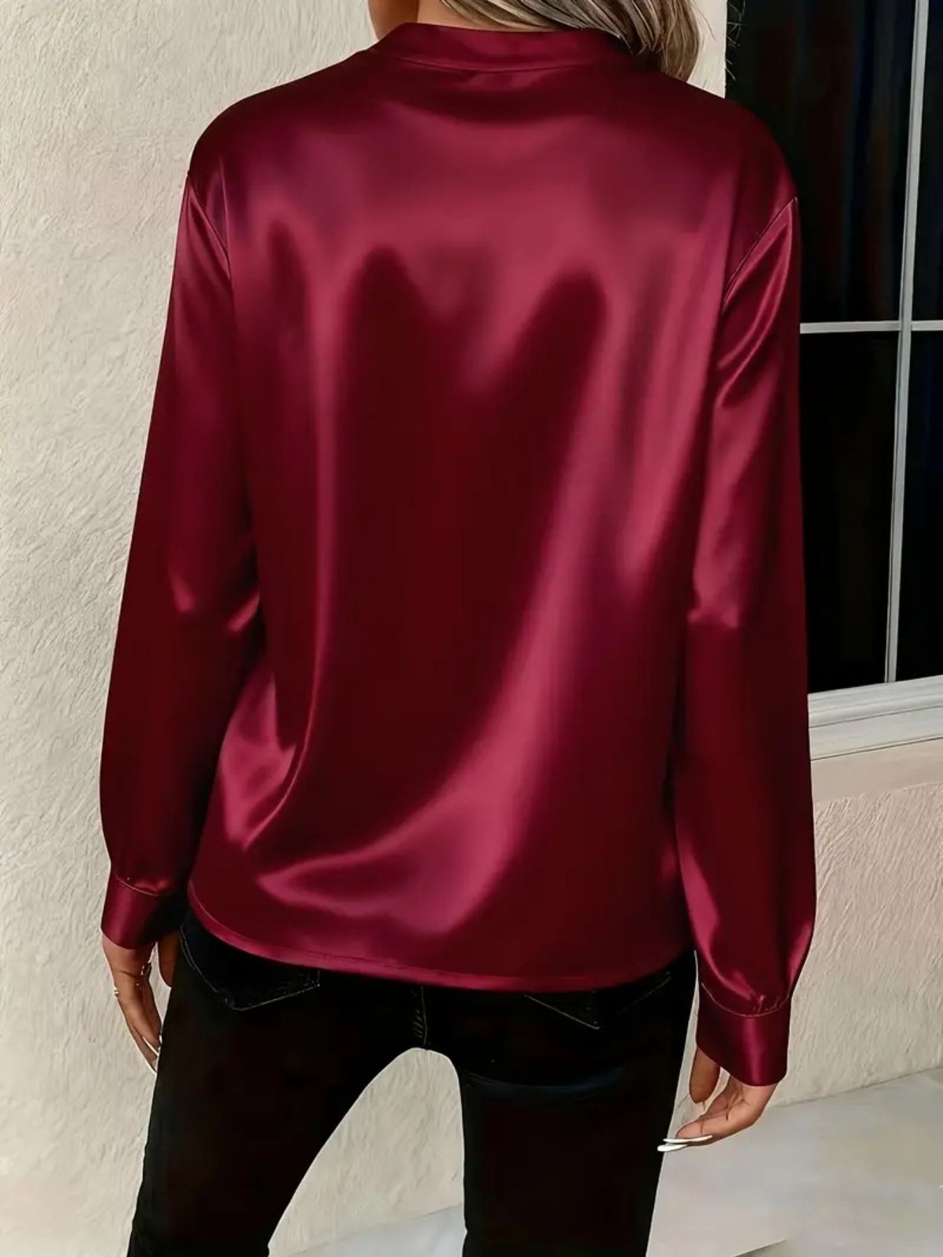 Satin Notched Long Sleeve Blouse