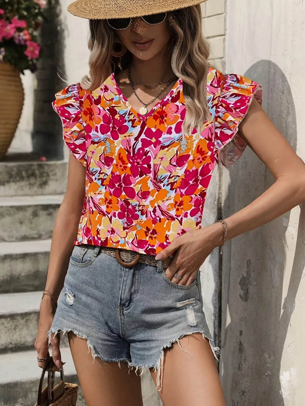 Printed V-Neck Cap Sleeve Blouse
