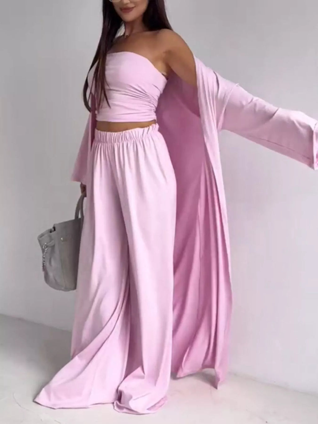 Tube Top & Cardigan & Wide Leg Pants 3-Piece Set