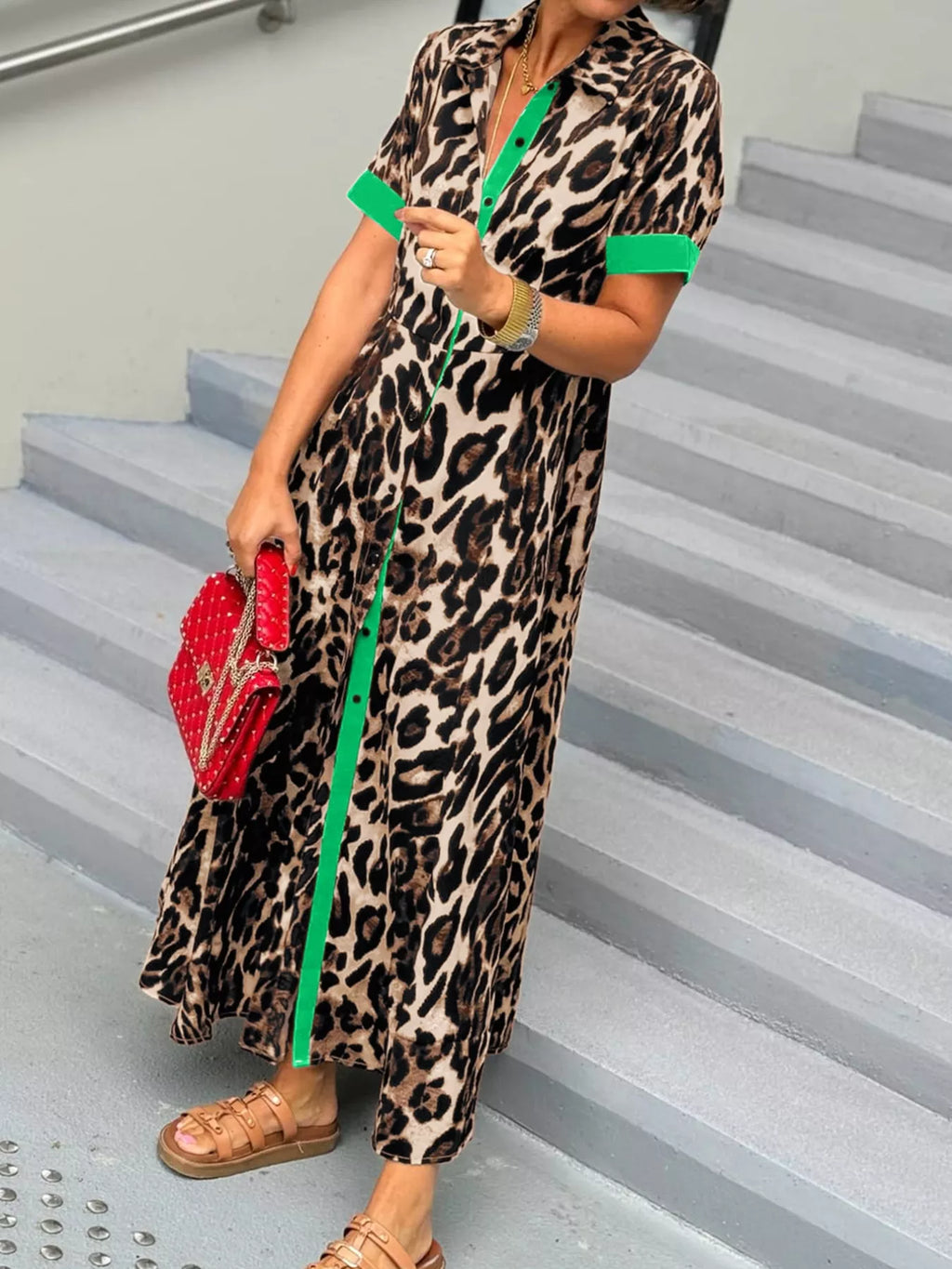 Leopard Print Button-Down Dress with Contrast Trim
