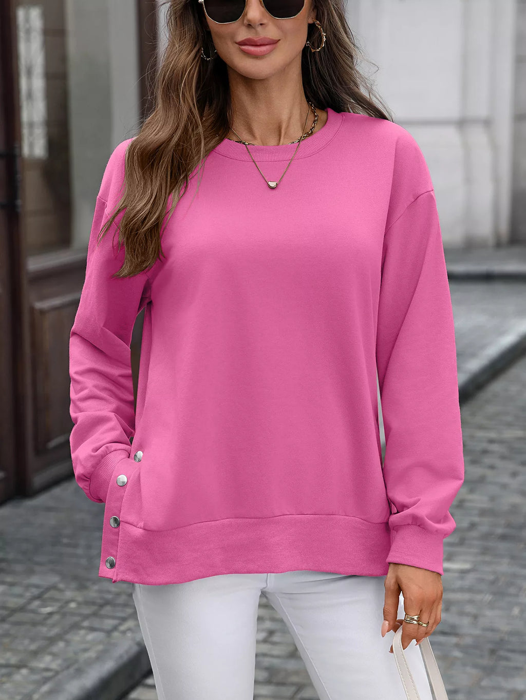 Side Snap Round Neck Sweatshirt