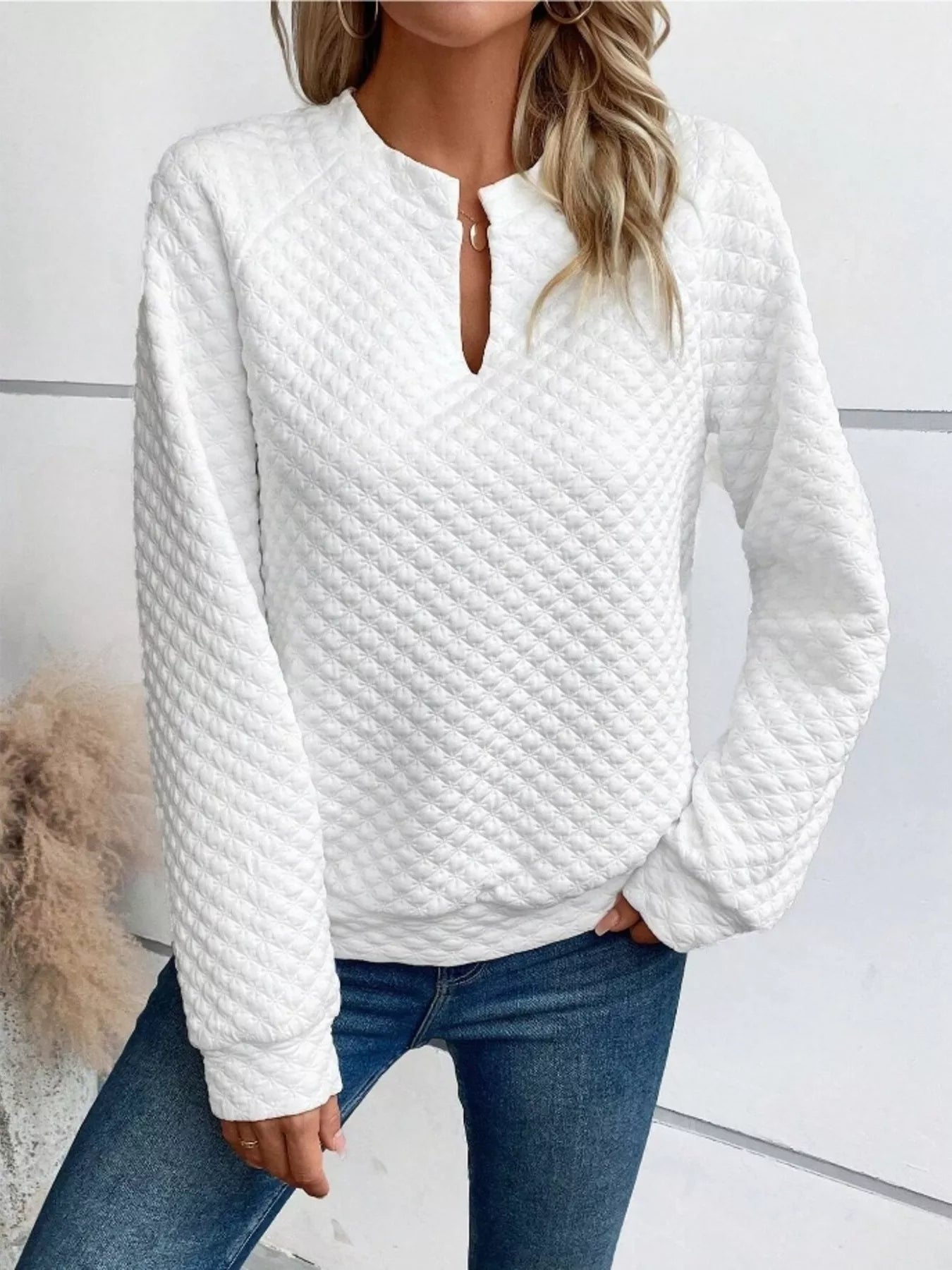 Quilted Texture Long Sleeve Sweatshirt with Notched Neck