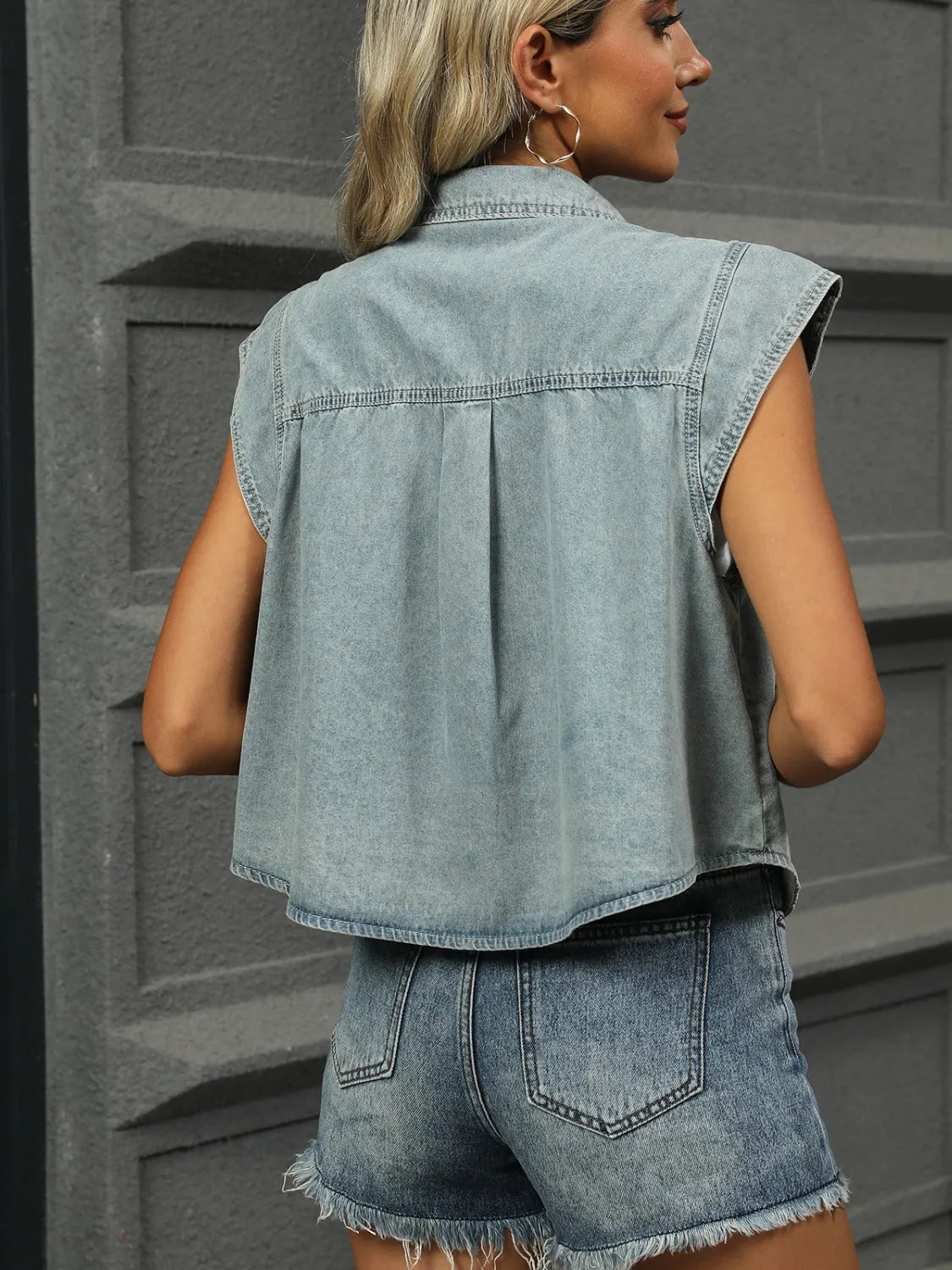 Button Up Cap Sleeve Denim Jacket