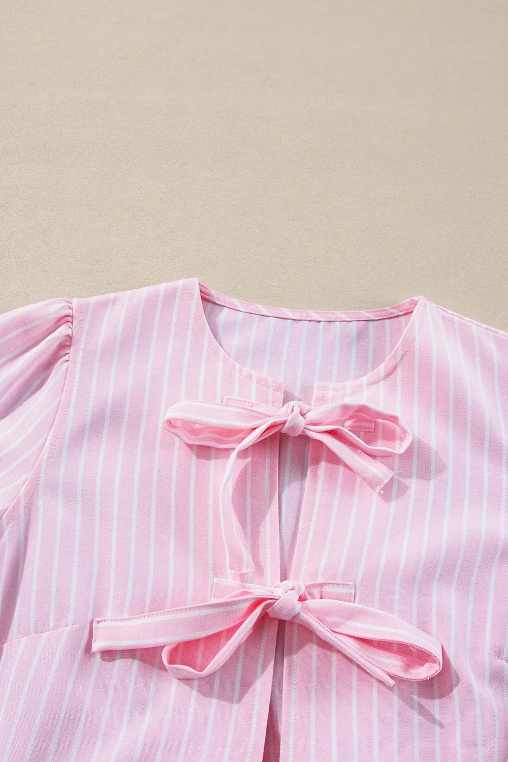 Tied Bow Striped Round Neck Blouse