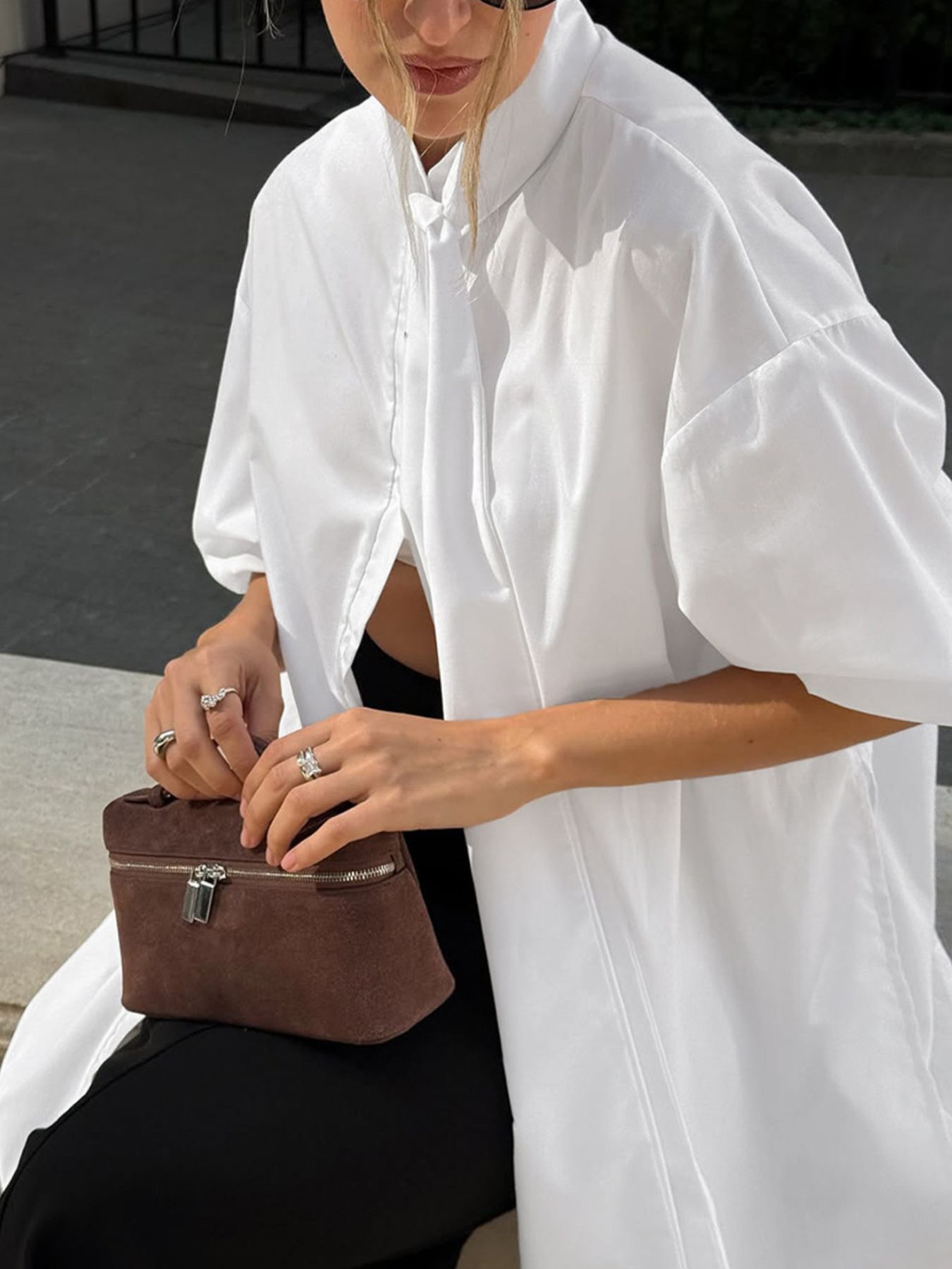 Tied Button Up Puff Sleeve Shirt
