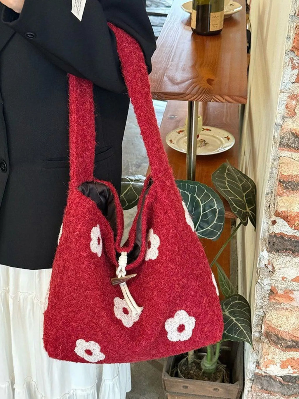 Floral Fuzzy Knit Tote Bag