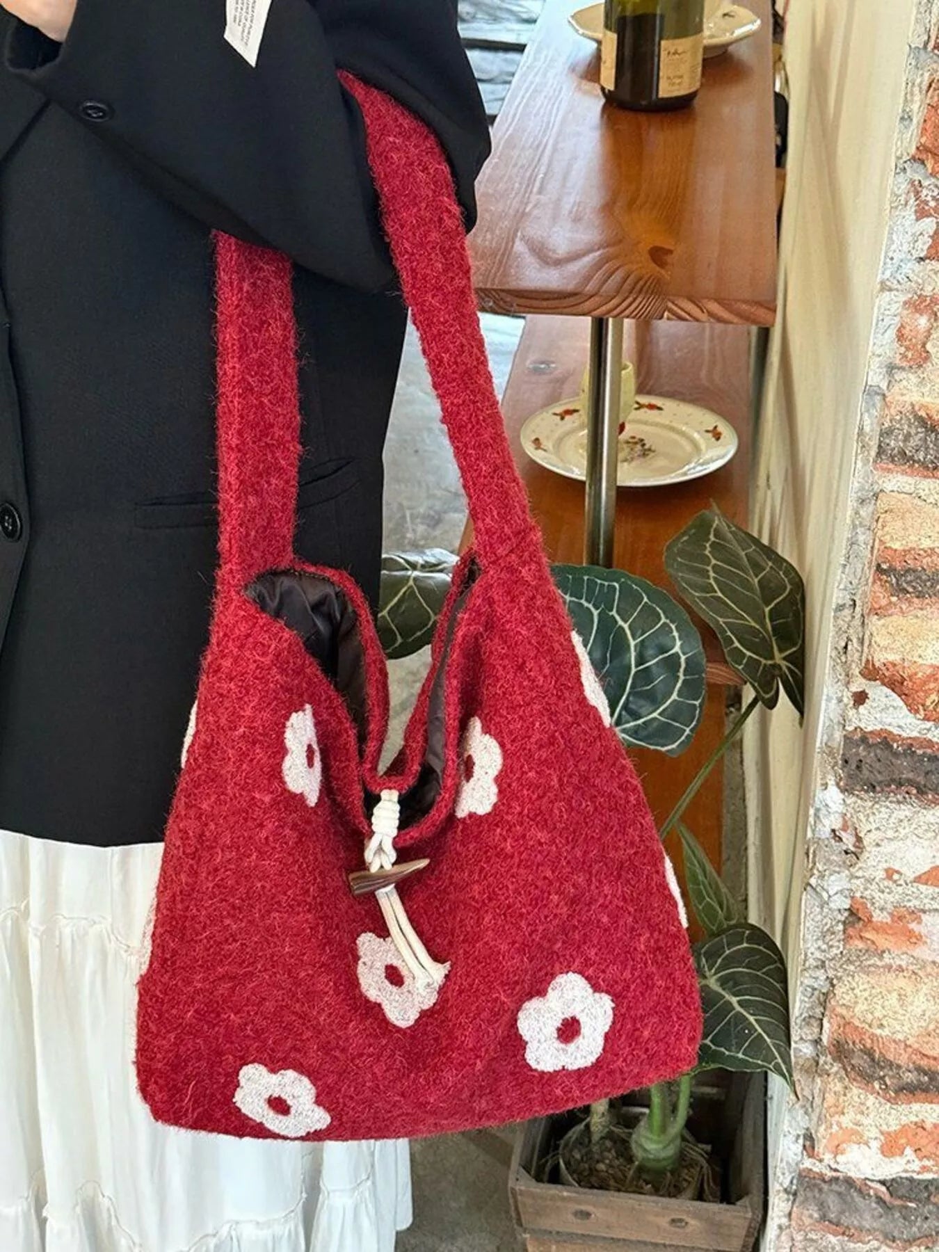Floral Fuzzy Knit Tote Bag