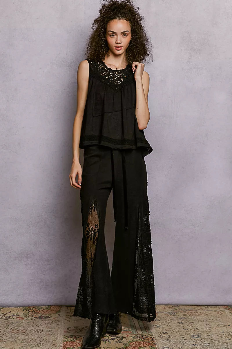 POL Round Neck Sleeveless Top with Crochet Contrast