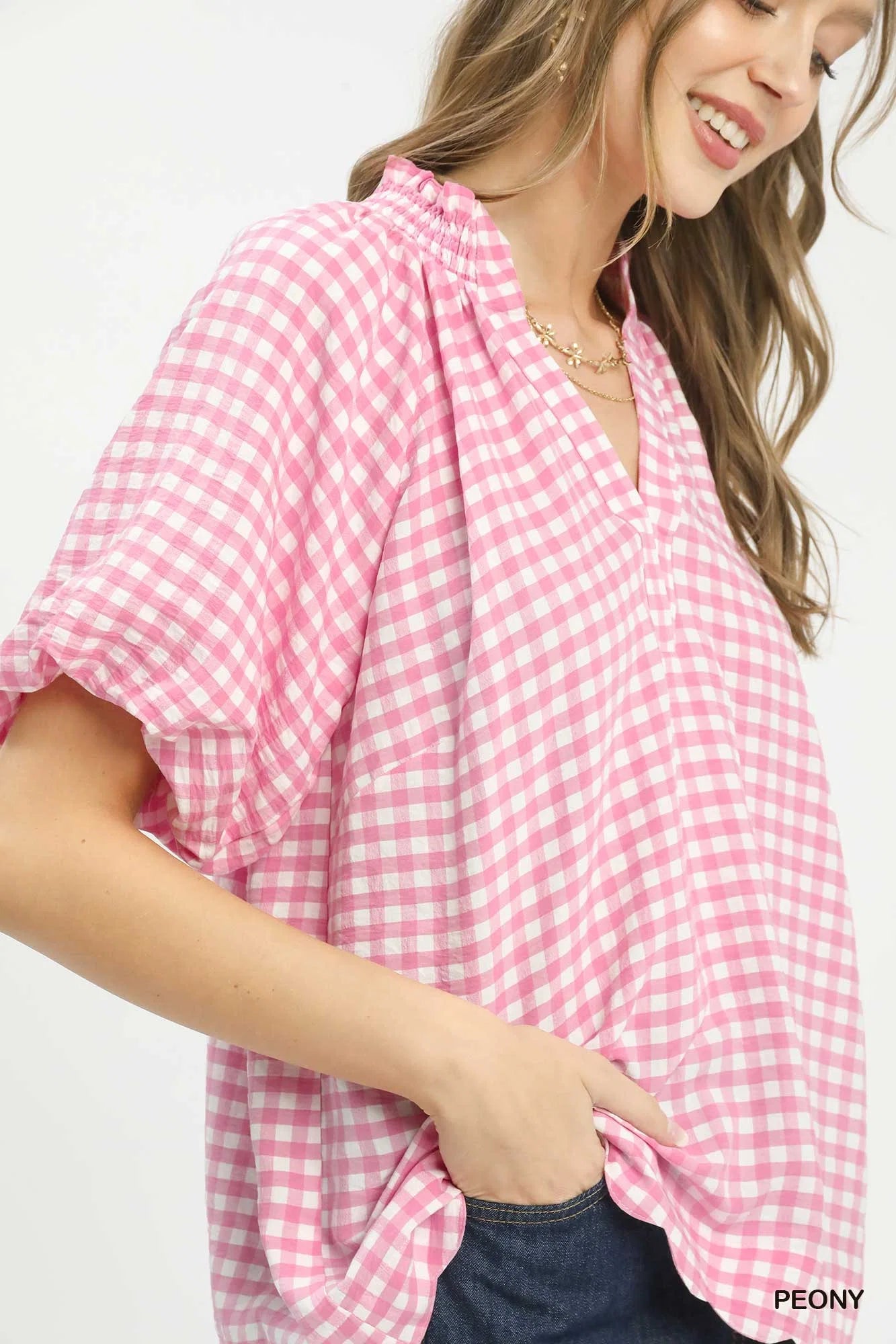 Umgee Gingham Bubble Sleeve Blouse with Scallop Hem