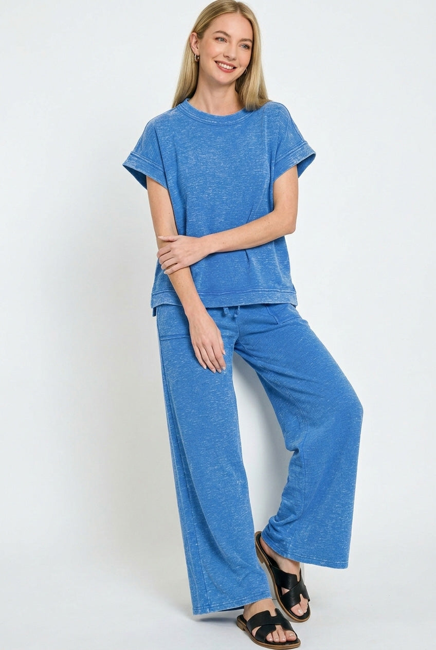 Zenana Washed Slub Short Sleeve Tee & Long Pants Set