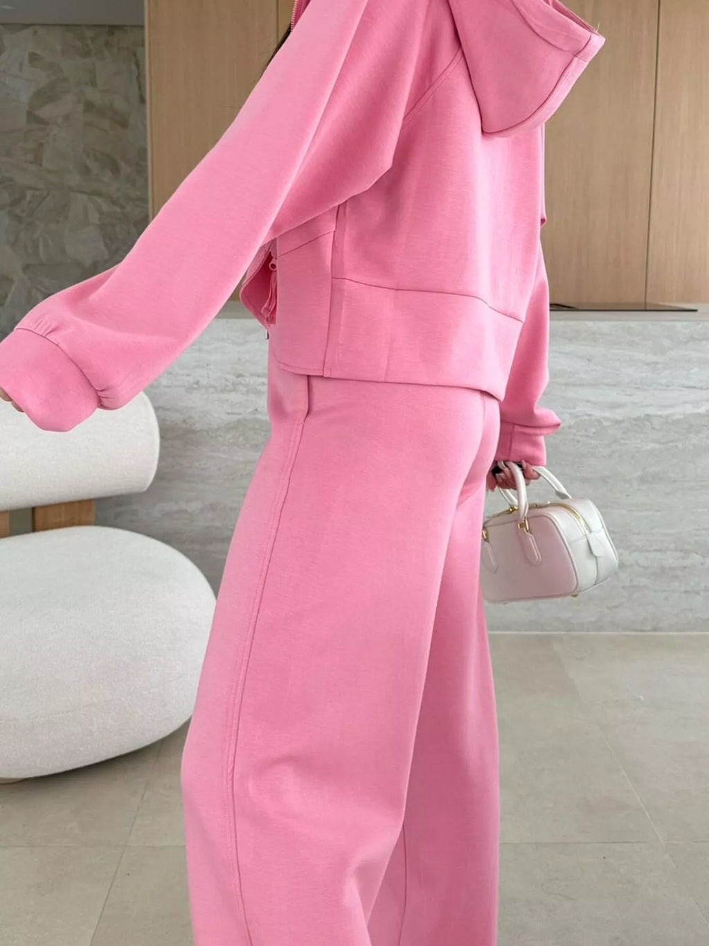 Solid Color Zip Up Hoodie Drawstring Loose Pants Set