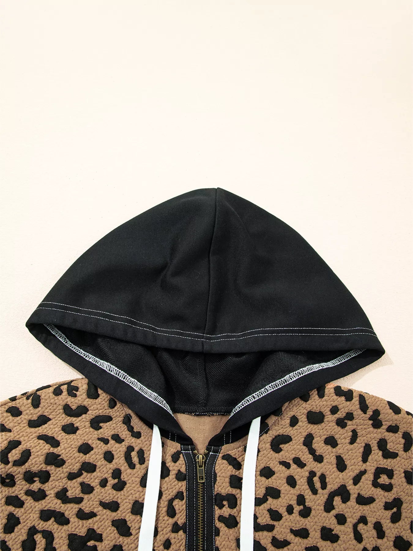 Leopard Patchwork Contrast Stitching Knotted Cuff Quarter Zip Hoodie