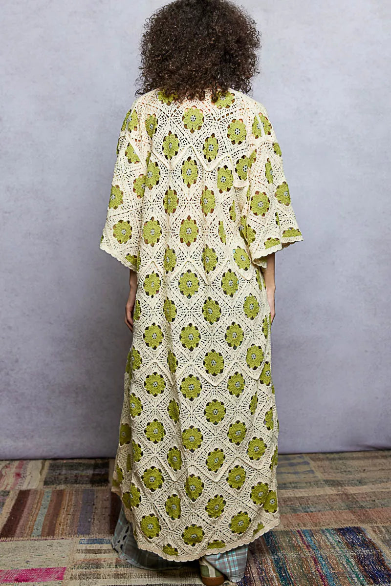 POL Open Front Floral Crochet Longline Cardigan