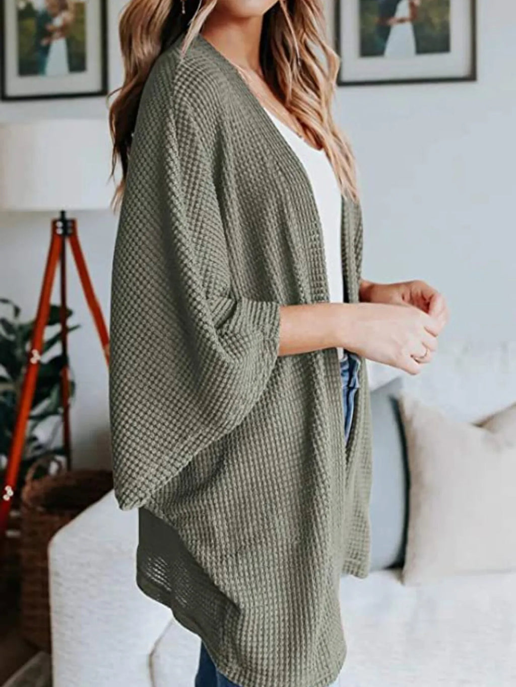 Full Size Open Front Waffle Knit Cardigan Plus Size