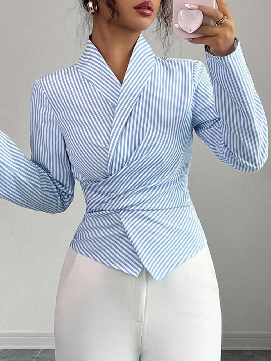 Striped Long Sleeve Wrap Blouse