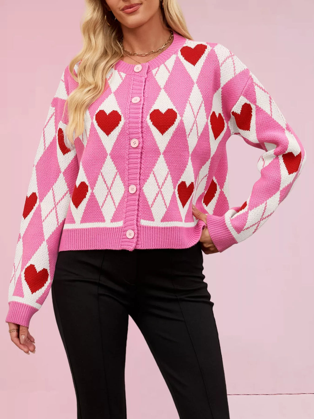 Heart Pattern Button-Up Cardigan