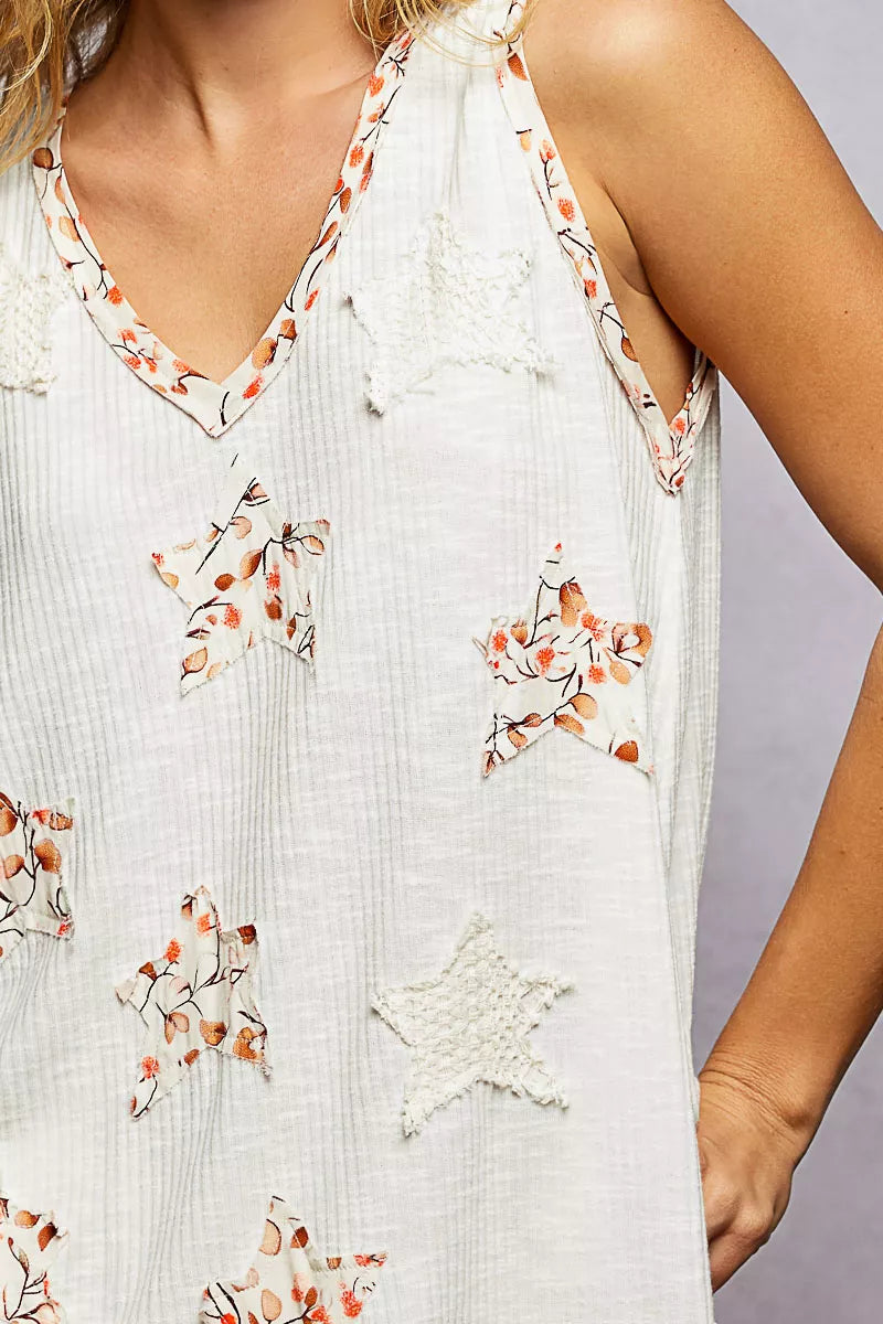POL Floral Print Star Patch V-Neck Ribbed Tank