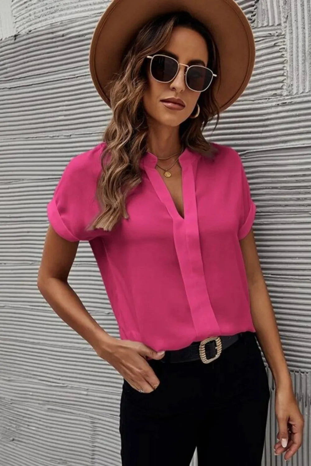 Full Size Notched Short Sleeve Blouse