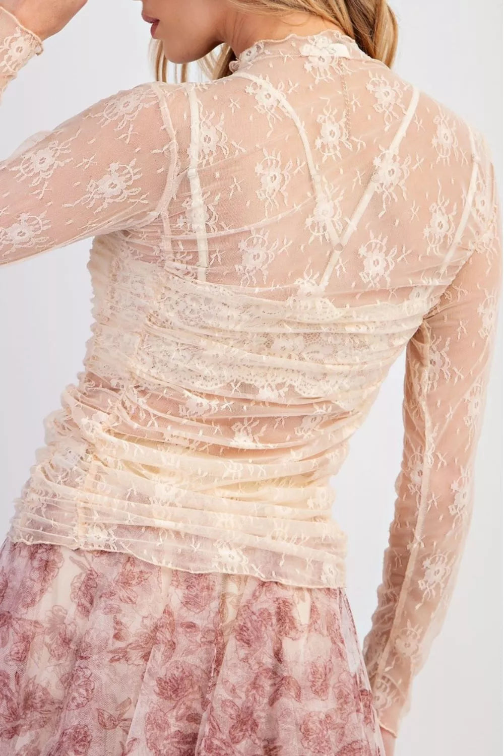 Sheer Floral Mesh Ruched Long Sleeve Top