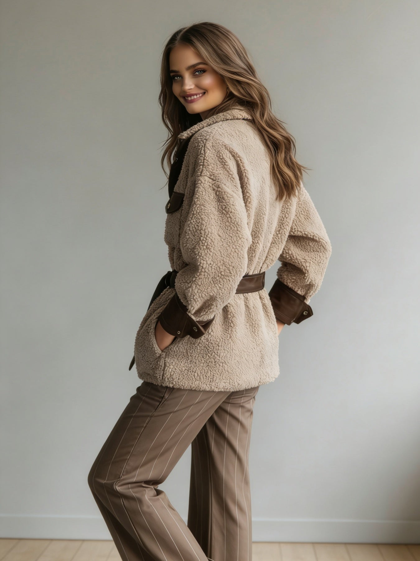 Women’s Vintage PU Leather Jacket – Lamb Fur Lined Autumn Winter Coat