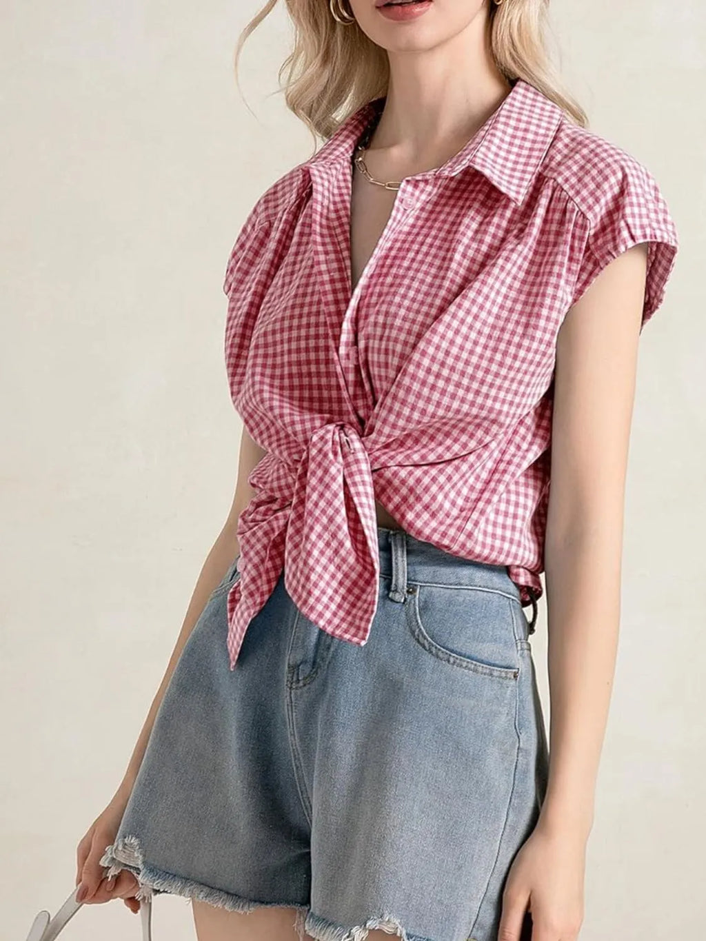 Plaid Button Up Cap Sleeve Shirt