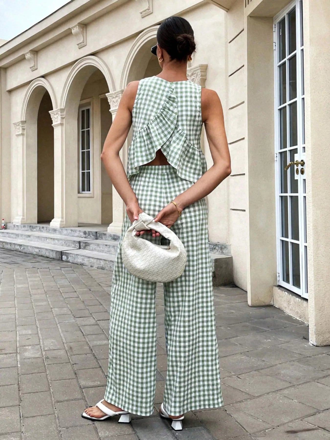 Gingham Sleeveless Top and Wide Leg Pants Set