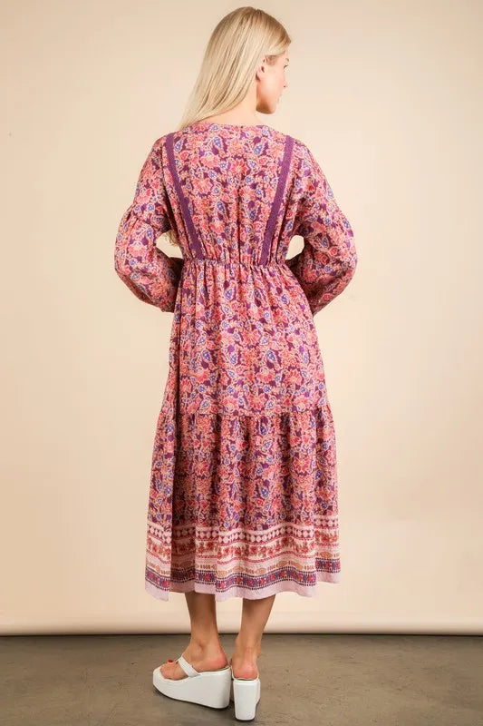 VERY J Floral Printed Boho V-Neck Balloon Sleeve Dress