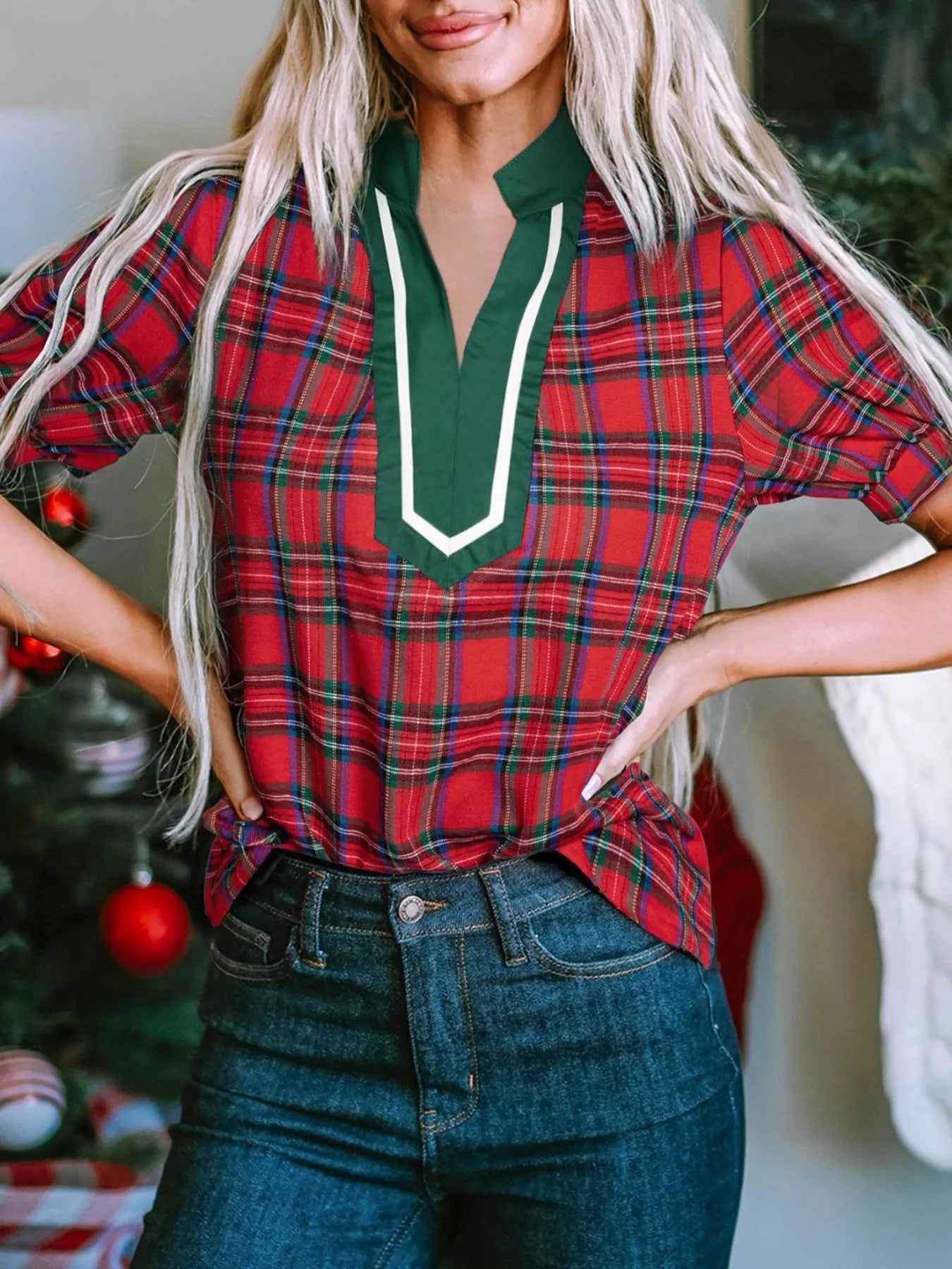 Plaid Notched Short Sleeve Blouse