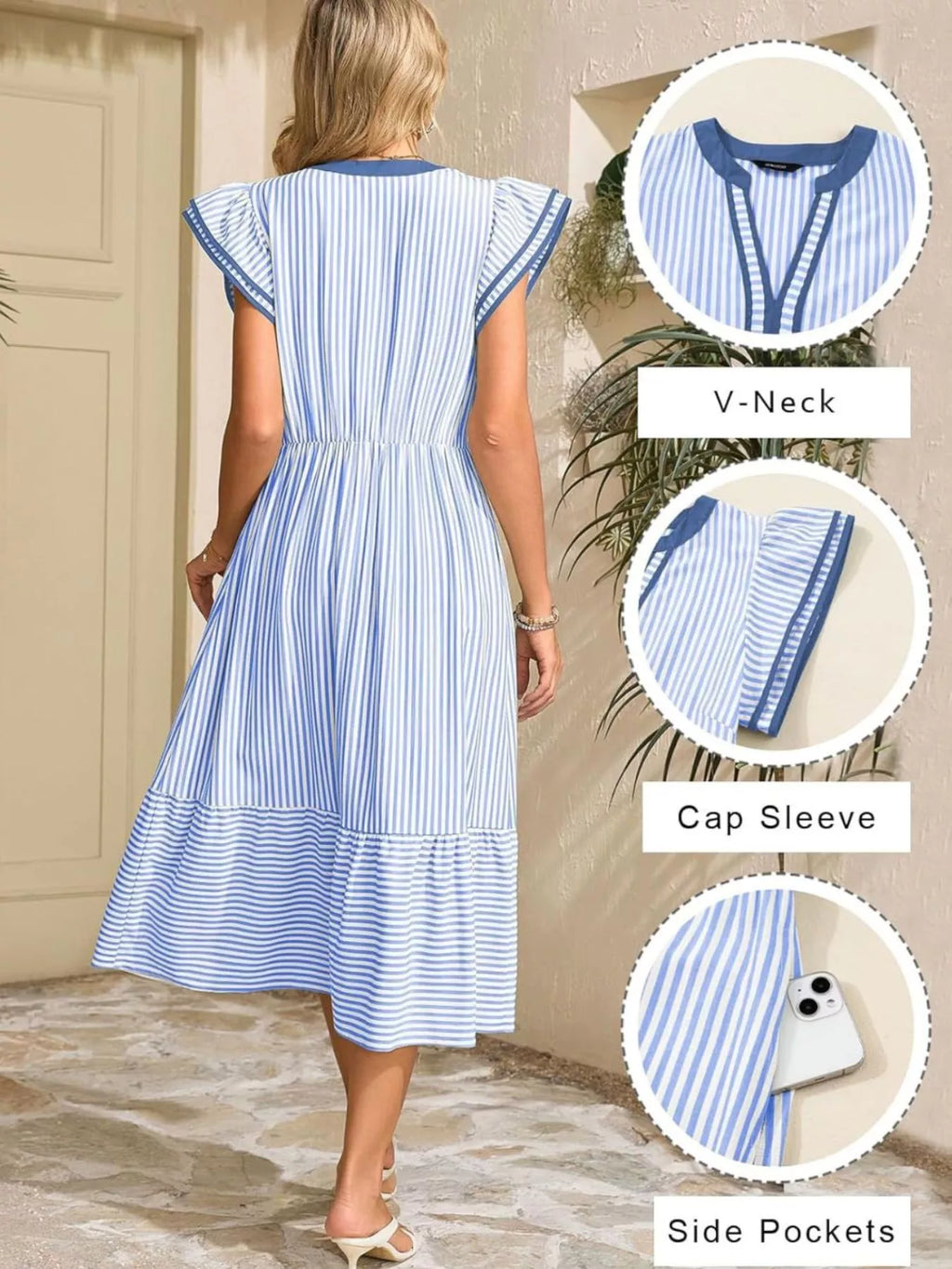 Striped Ruffle Sleeve Midi Dress