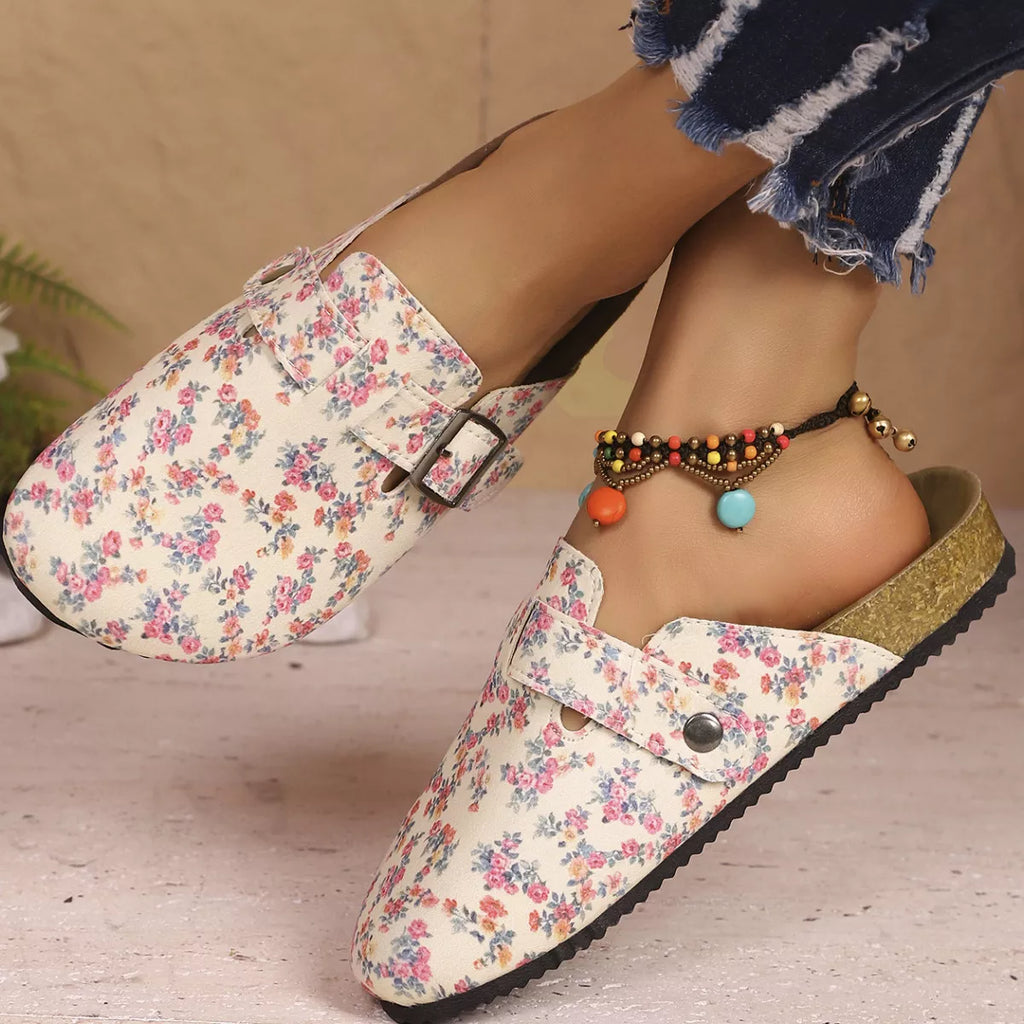 Floral Print Buckle Decor Slip-Ons
