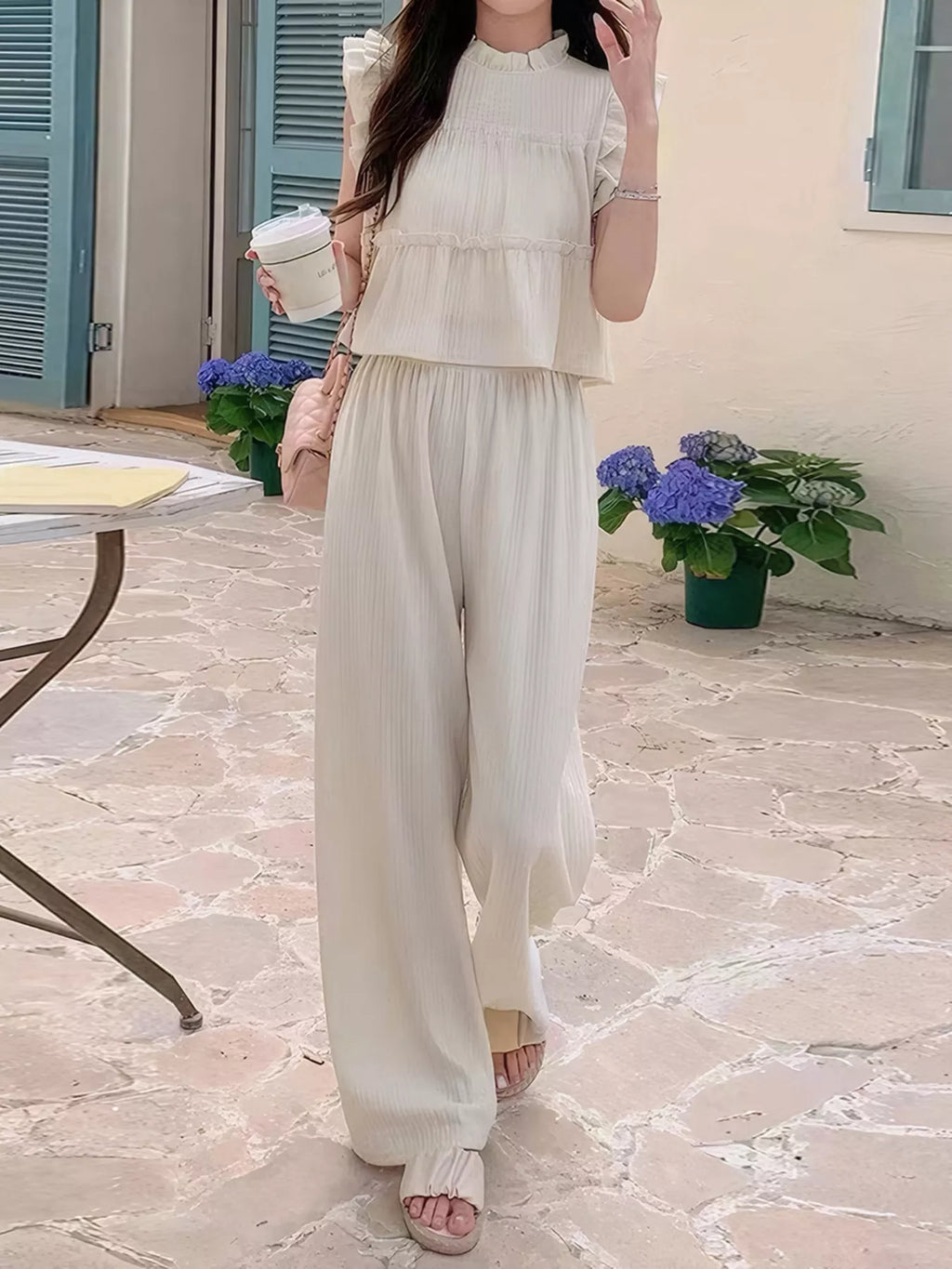 Ruffled Sleeveless Top and Wide Leg Pants Set