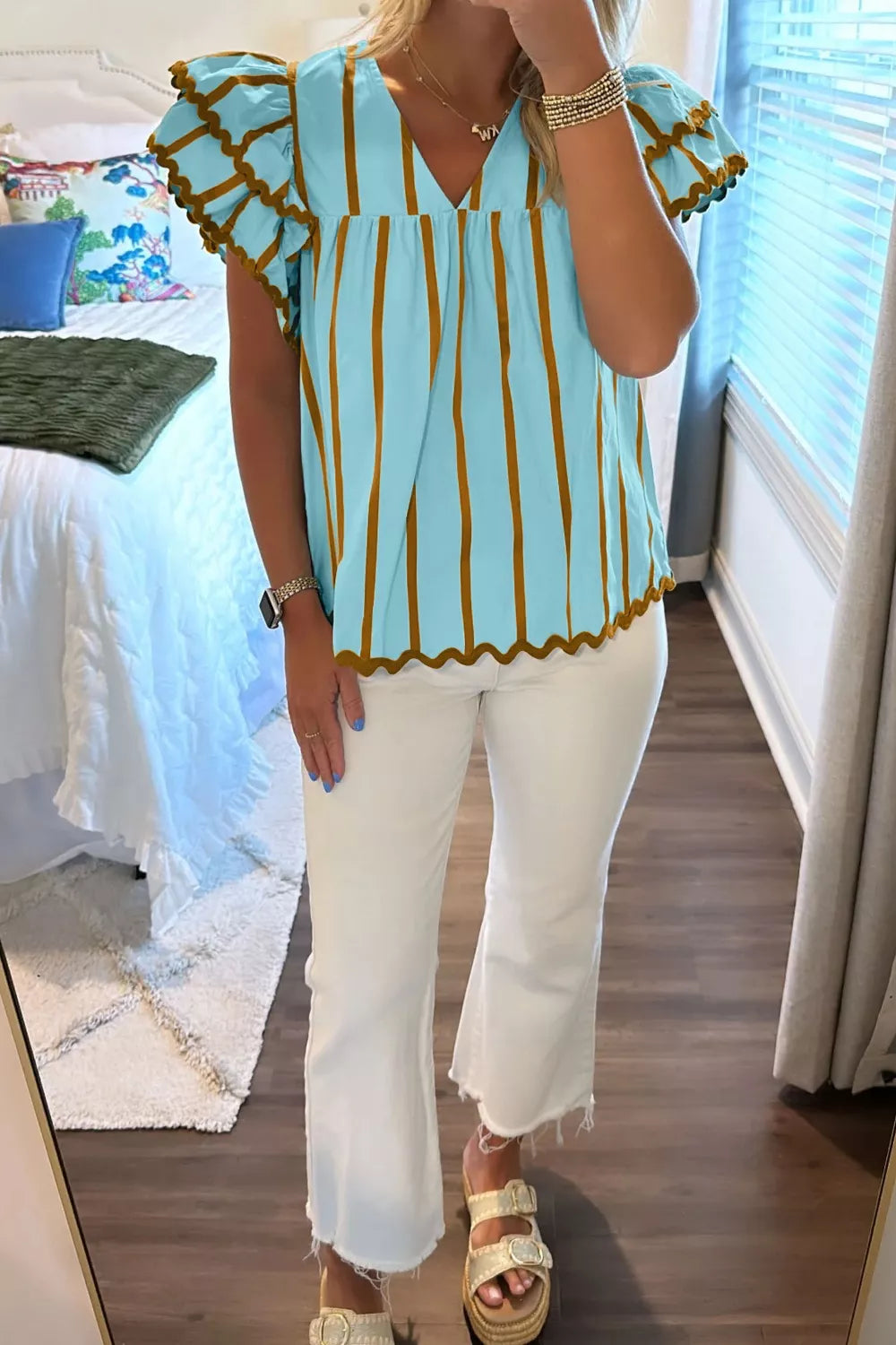 Stripe Ricrac Trim Double Ruffled Short Sleeve V Neck Blouse