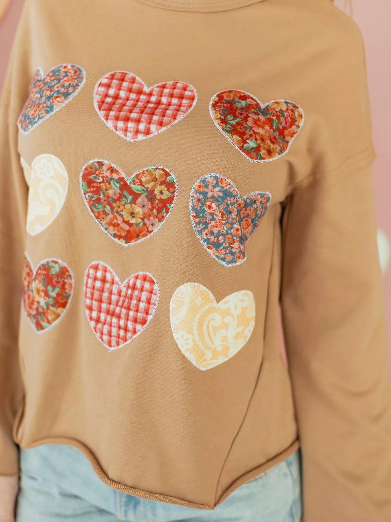 Plaid Floral Heart Stitched Exposed Seam Mineral Wash Sweatshirt