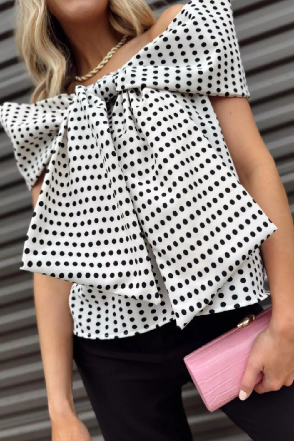 Polka Dot Off Shoulder Bow Knot Short Sleeve Blouse