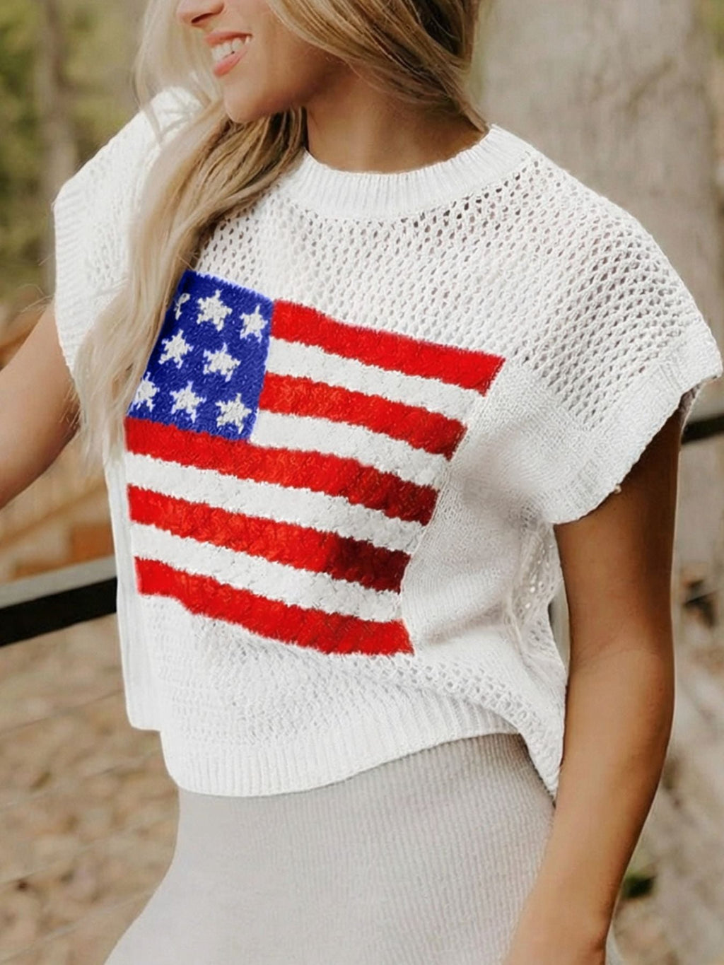 American Flag Knitted Short Sleeve Sweater