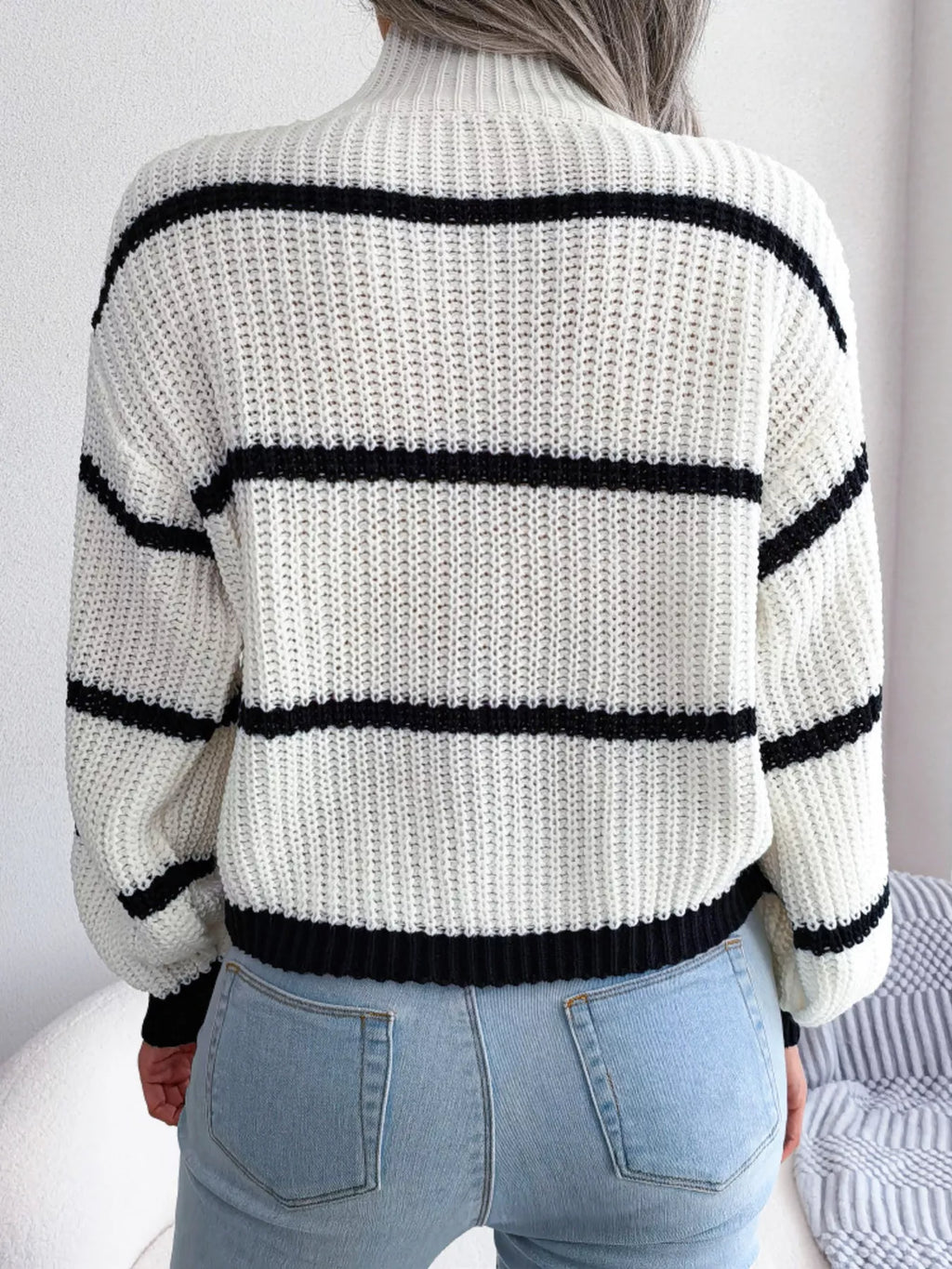 Full Size Striped Mock Neck Knit Sweater Plus Size