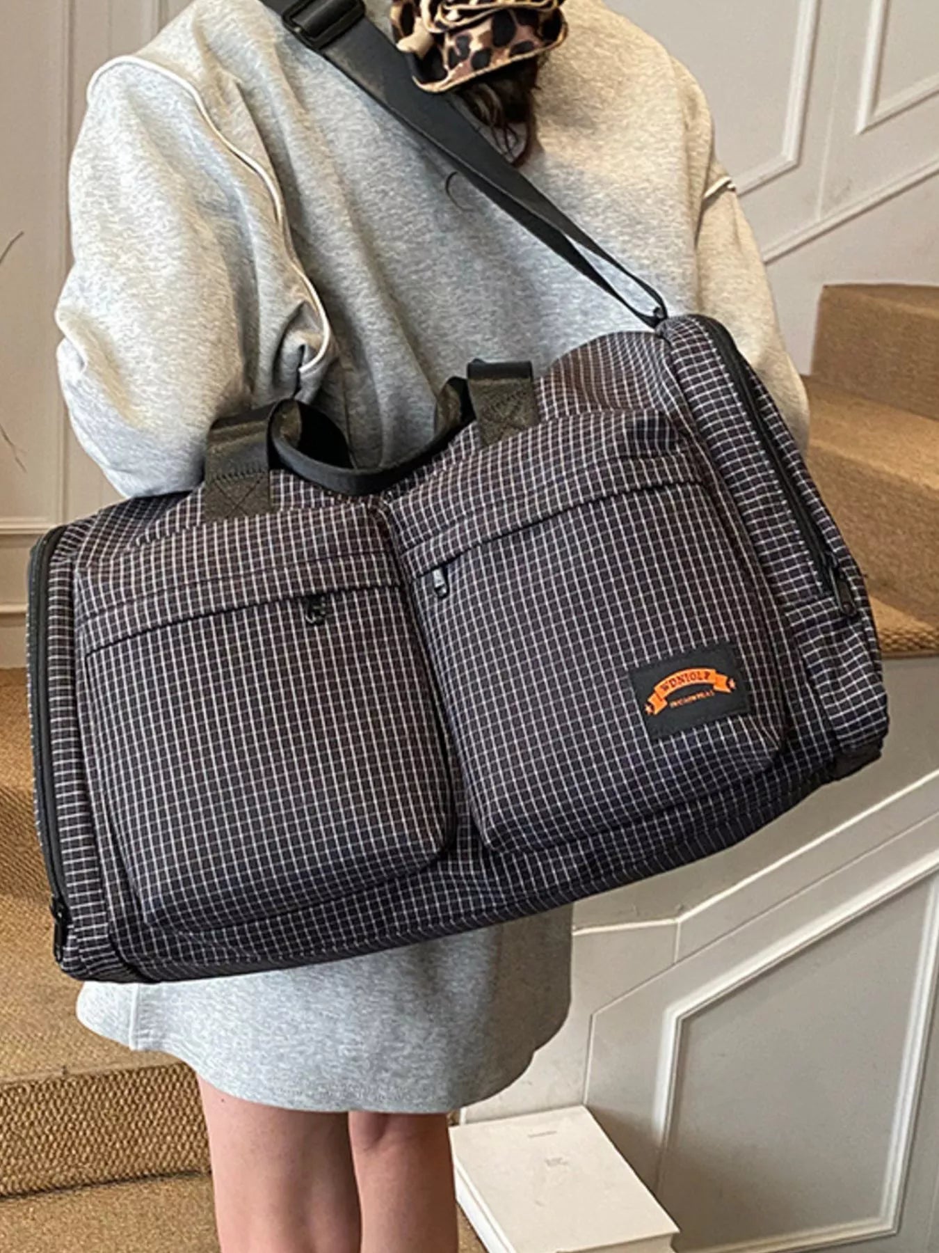 Plaid Duffel Bag with Multiple Pockets