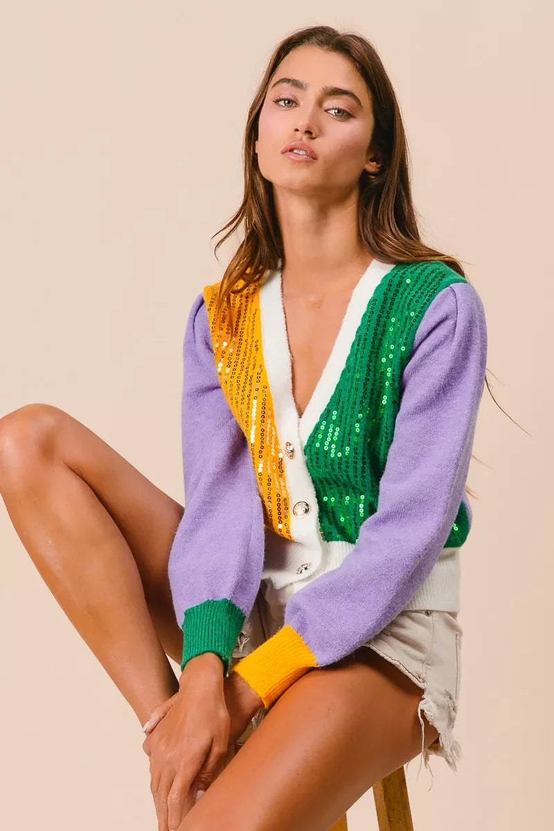BiBi Mardi Gras Color Block Sequin Sweater Cardigan