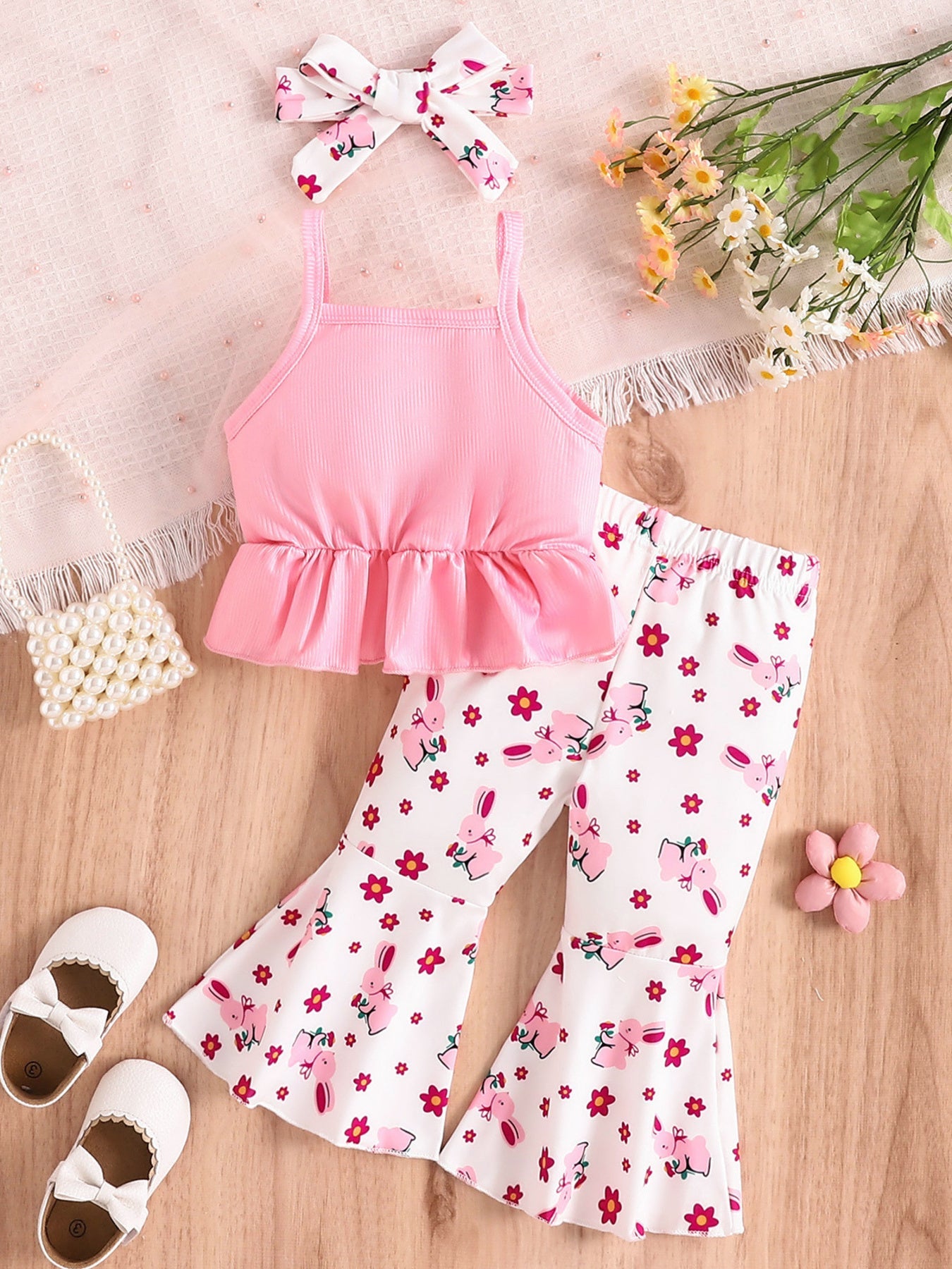 Children's Ruffle Hem Tank Top with Flare Pants and Headband Set