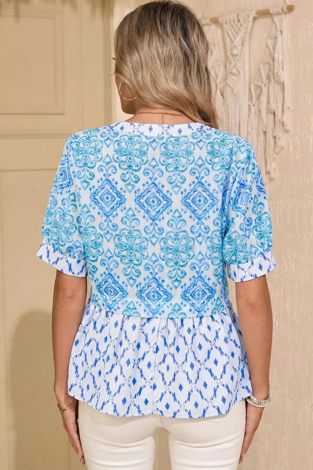Floral Geometric Patchwork Short Puff Sleeve Babydoll Blouse