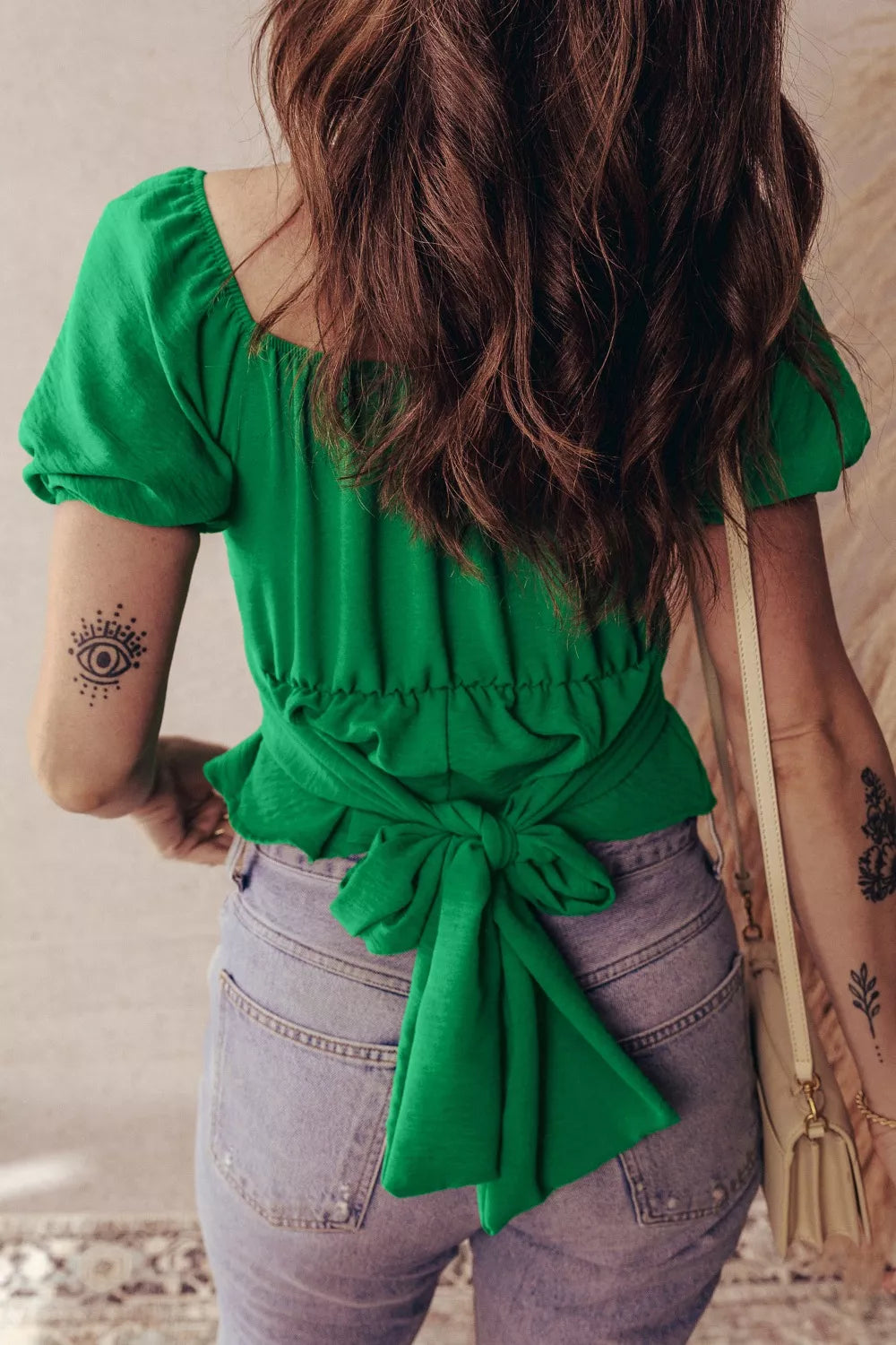 Solid Color Ruched Crossed Waist Tied Back Short Sleeve Peplum Top